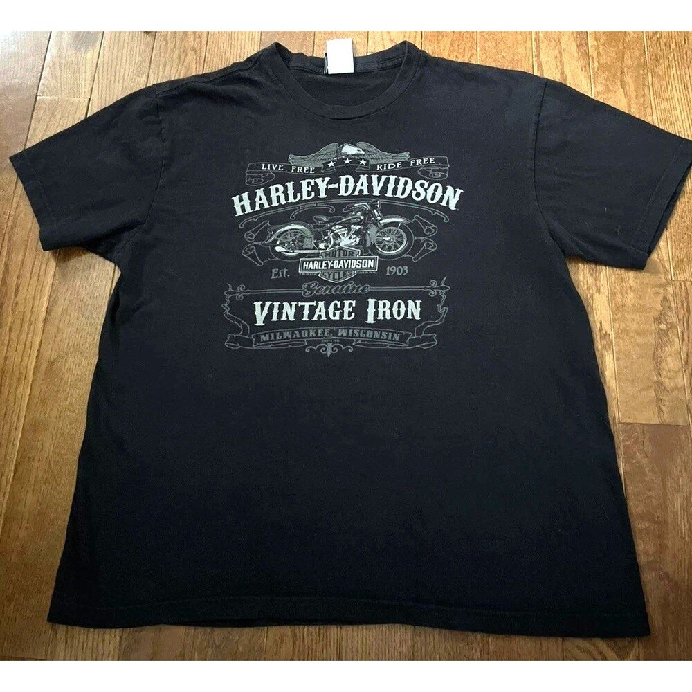 Harley-Davidson Mens Black Graphic Tee Vintage Iron Roanoke NC Fits Like L / XL